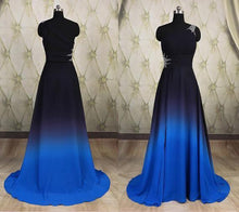 Load image into Gallery viewer, One Shoulder Ombre Black and Blue Ruffles Prom Dresses Simple Cheap Party Dresses RS692