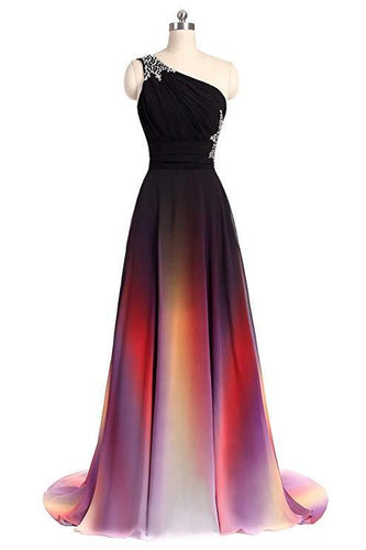 One Shoulder Ombre Chiffon Prom Dresses Lace up A Line Beads Ruffles Prom Gowns RS531