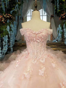 2024 Fantastic Pink Wedding Dresses Lace Up With Beads And Handmade Flowers Ball Gown
