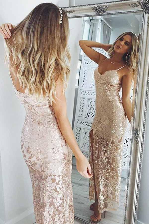 Luxury Spaghetti Straps Split Sequins With Appliques Prom Dresses