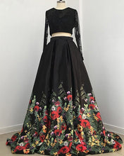 Load image into Gallery viewer, A line Two Piece Black Long Sleeve Prom Dress With Floral Print Skirt Evening Dresses RS672
