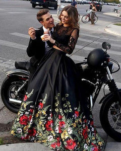 A line Two Piece Black Long Sleeve Prom Dress With Floral Print Skirt Evening Dresses RS672