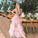 Pink Layers Prom Dresses Long A Line Beaded Party Dress Tiered Strapless Tulle Evening Dress