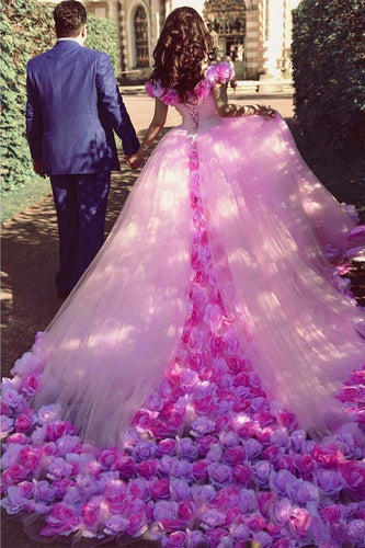 Pink Cathedral Off the Shoulder Ball Gown Vintage 3D Flower Applique Wedding Dresses RS379