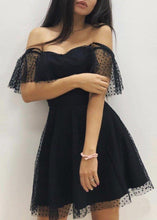 Load image into Gallery viewer, Pink Polka Dot Off the Shoulder Homecoming Dresses Sweetheart Neck Mini Hoco Dress H1041