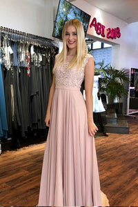 Pink Round Neck Lace Appliques A Line Prom Dresses