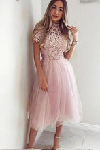 Load image into Gallery viewer, Pink Tea Length Tulle High Neck Short Sleeve Homecoming Dresses Short Prom Dress H1031