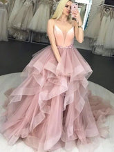 Load image into Gallery viewer, Pink Tulle Spaghetti Straps Ruffles Ball Gown Prom Dresses V Neck Long Evening Dresses P1081