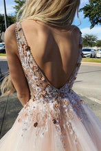 Load image into Gallery viewer, Pink Tulle V Neck Backless Appliques Long Prom Dresses Beads Cheap Party Dresses P1085