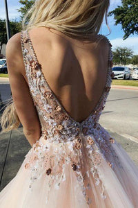 Pink Tulle V Neck Backless Appliques Long Prom Dresses Beads Cheap Party Dresses P1085