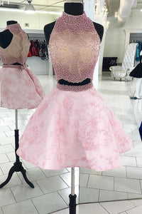Pink Two Pieces Beads Lace Short Prom Dresses Halter Sleeveless Homecoming Dresses H1045