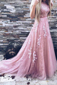 Pink V Back Lace Appliques Sweep Train Tulle Prom Dresses