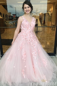 Pink V Neck Tulle Prom Dresses with Appliques Open Back Ball Gown