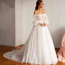 Load image into Gallery viewer, Ivory Tulle Off the Shoulder Bride Dress Simple Long Puffy Sleeves Wedding Gown