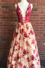 Load image into Gallery viewer, Princess A Line Lace V Neck Red Floral Sexy Long Prom Dresses Simple Evening Dresses P1014