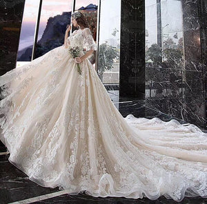Princess Half Sleeve Ball Gown Wedding Dresses Appliques V Neck Bridal Dresses RS774