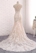 Load image into Gallery viewer, Princess Mermaid Lace Appliques Scoop Straps Ivory Wedding Dresses Bridal Dresses W1013