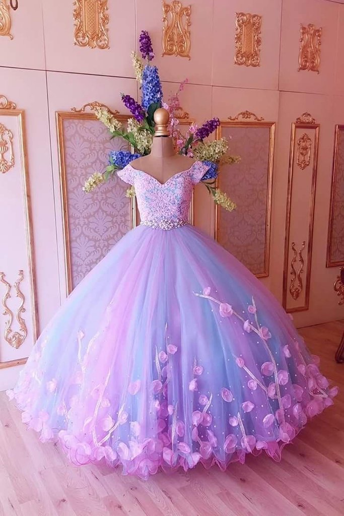 Princess Pink and Blue Ball Gown Off the Shoulder Prom Dresses Quinceanera Dresses RS911