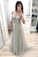 Princess V Neck Short Sleeve Gray Prom Dresses Long Tulle Party Dresses RS894