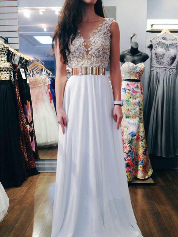 Luxurious A-line V-neck Long Chiffon Empire Evening/Formal Party/Prom Dress With Beading