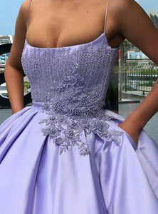 Purple Ball Gown Spaghetti Straps Satin Sweet 16 Dress With Pocket Quinceanera Dress P1108