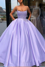 Load image into Gallery viewer, Purple Ball Gown Spaghetti Straps Satin Sweet 16 Dress With Pocket Quinceanera Dress P1108