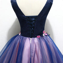 Load image into Gallery viewer, Purple Tulle V Neck Straps Lace up Homecoming Dresses with 3D Flowers Dance Dresses H1234