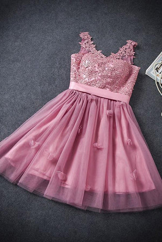 A Line Tulle Lace Appliques Lace up V Neck Pink Short Prom Dresses Homecoming Dresses RS906
