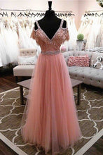 Load image into Gallery viewer, High Fashion A-Line V-Neck Off Shoulder Blush Pink Long Tulle Prom Dresses with Beads RS675