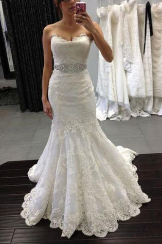 White lace sweetheart sequins mermaid floor length prom dress Wedding Dresses RS380