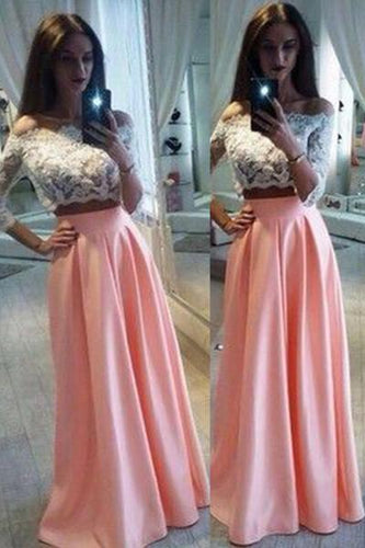 Pink chiffon two pieces lace long sleeves off-shoulder long prom dress