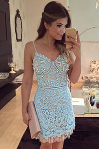 Light blue lace V-neck beading short Party dresses with spaghetti straps