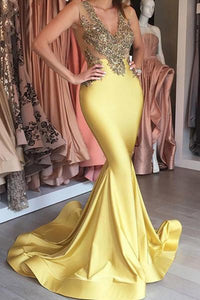 Yellow satins gold lace applique V-neck see-through slim-line long dress mermaid Evening dresses