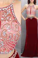 Load image into Gallery viewer, Sexy red chiffon two pieces see-through beading floor-length prom dresses