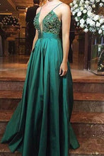 Load image into Gallery viewer, Luxury green satins deep V-neck sequins applique A-line long dress evening dresses