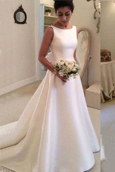 White satin round neck bowknot backless train wedding dress handmade dresses RS283