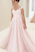 Load image into Gallery viewer, Princess pink organza lace A-line long prom dress with straps for teens