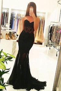 Sexy black tulle lace sweetheart mermaid long train evening dress