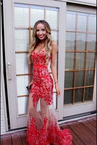 Sexy red lace sweetheart see-through mermaid long homecoming dress prom dress