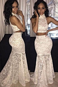 White lace two pieces floor length prom dress homecoming dress