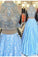 Light blue lace two pieces beading A-line prom dresses