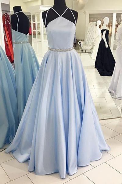 Light blue satins long A-line formal prom dresses with spaghetti straps