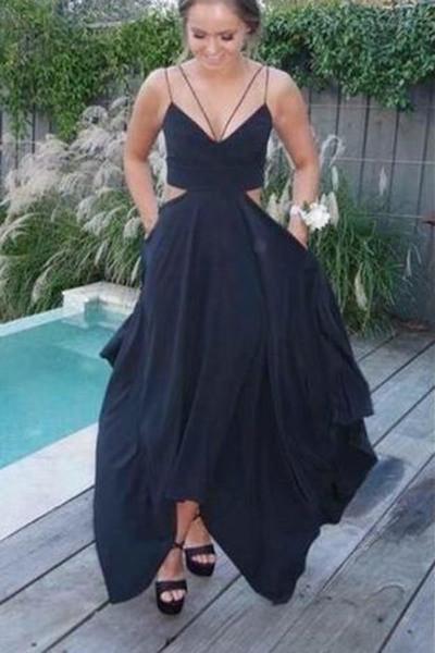 Sexy black chiffon v-neck with spaghetti straps long prom dress summer dress