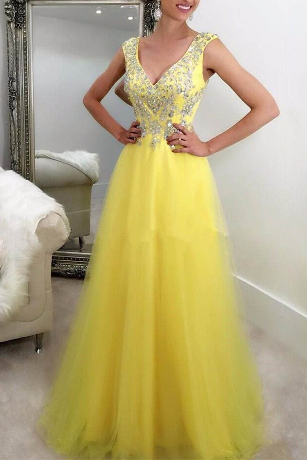 Yellow tulle sequins beading v-neck graduation dress prom dress