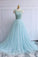 Light blue tulle beading round neck A-line prom dress