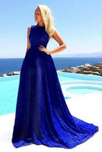 Load image into Gallery viewer, Simple blue lace round neck long prom dress summer dress