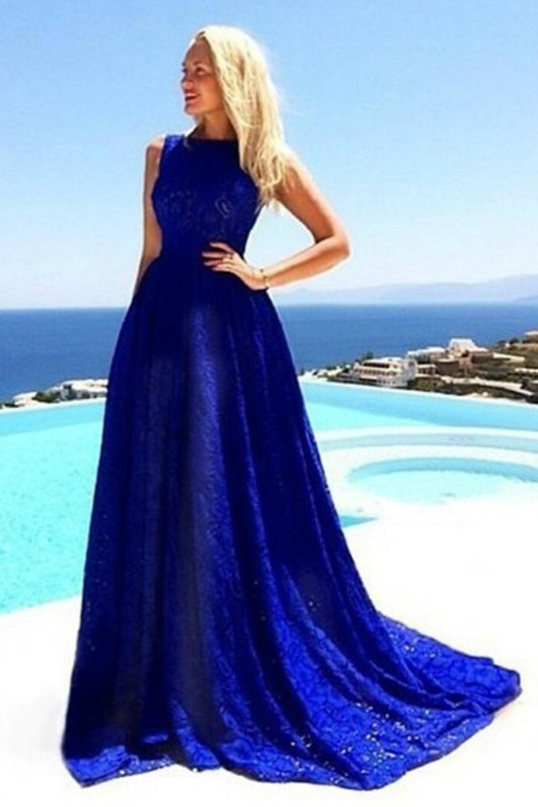 Simple blue lace round neck long prom dress summer dress