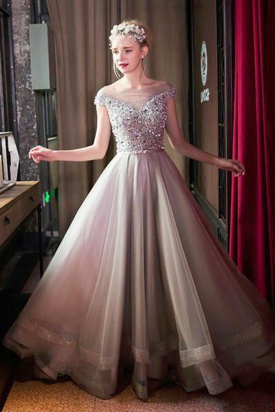 Stunning gray organza sequins beading see-through off-shoulder ball gown dress Prom Dresses