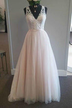 Load image into Gallery viewer, Pretty pink tulle lace v-neck A-line long dress prom dress for teens