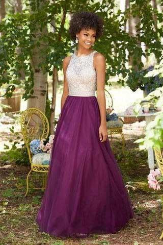 Purple Chiffon Round Neck Sequins Long Sleeveless Floor-Length Prom Dresses RS815